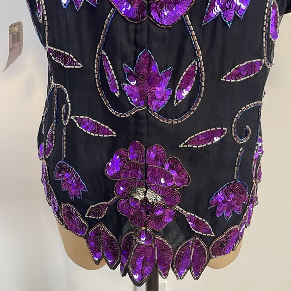 VTG Sequin Floral Top Large Black Purple Evening NWT Maximalist Pappel Glam 80s - Picture 10 of 16